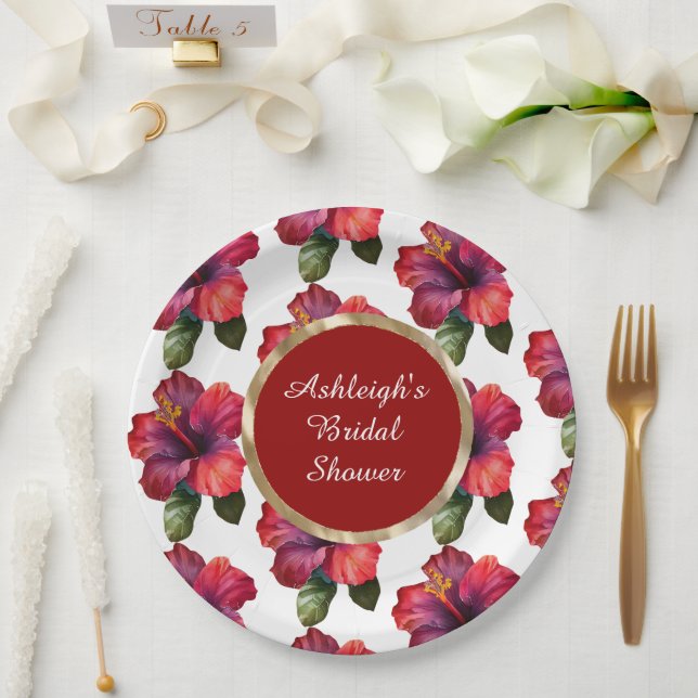 Tropical Red Hibiscus Flowers Bridal Shower Paper Plate (Wedding)