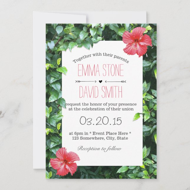 Tropical Red Hibiscus Flowers Hawaiian Wedding Invitation (Front)