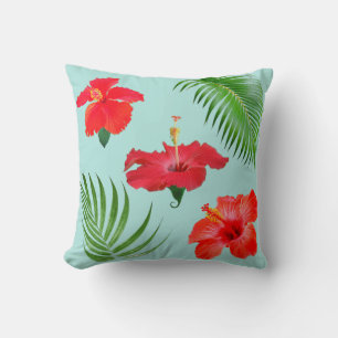 Tropical Red Hibiscus Flowers & Palm Leaves Throw  Cushion