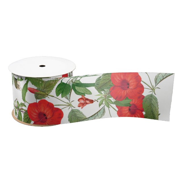 Tropical Red Hibiscus Flowers Ribbon Satin Ribbon (Spool)
