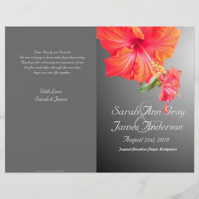 Tropical Red hibiscus flowers wedding program (Front)