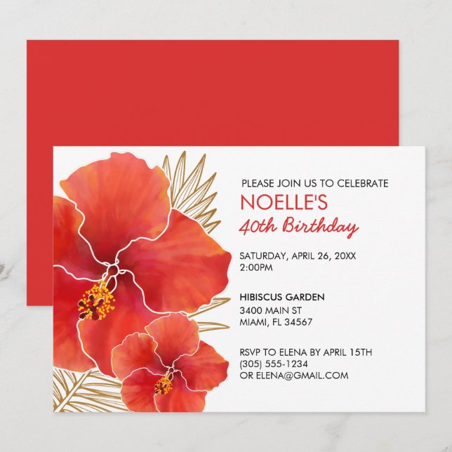 Tropical Red Hibiscus & Gold Leaf 40th Birthday Invitation (Front/Back)
