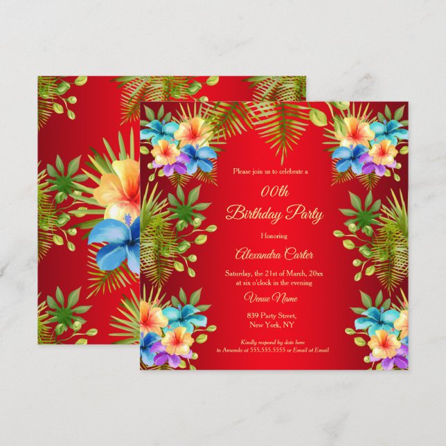 Tropical Red Mixed Colour Yellow floral Birthday Invitation (Front/Back)