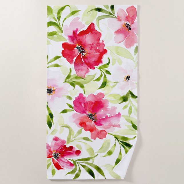 Tropical red pink floral botanical beach towel (Front)