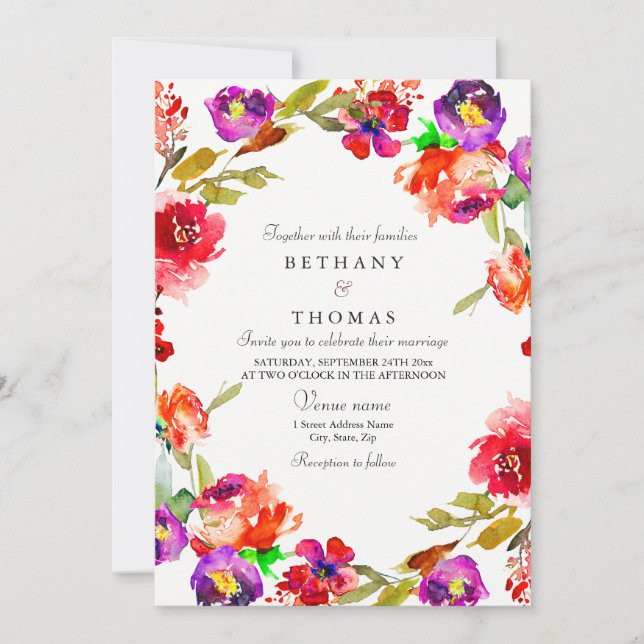 Tropical Red & Purple  Floral Wedding Invite (Front)