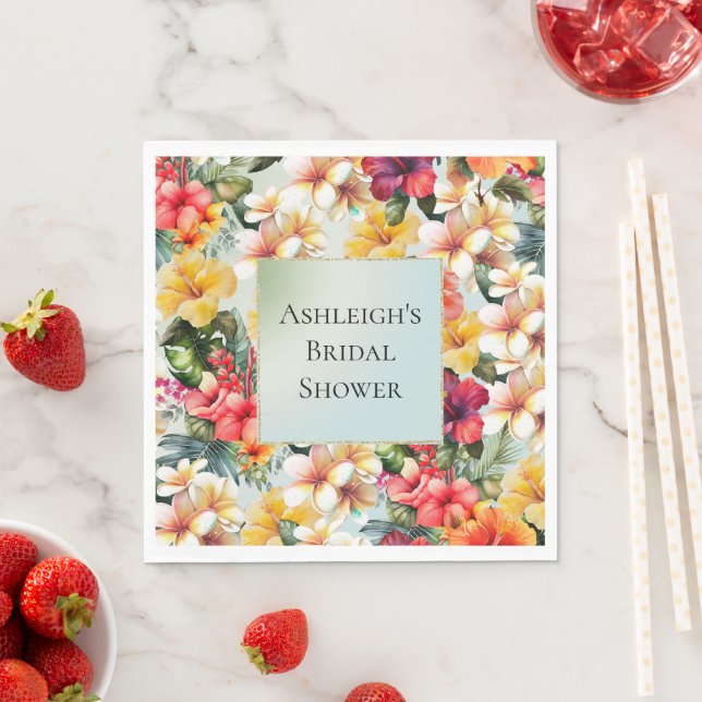 Tropical Red White Yellow Hibiscus Floral Napkin (Insitu)