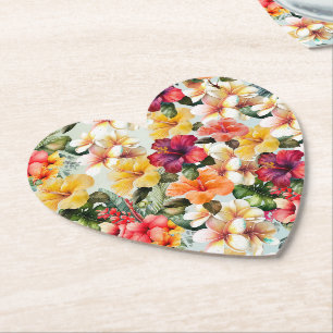 Tropical Red White Yellow Hibiscus Floral Paper Coaster