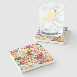 Tropical Red White Yellow Hibiscus Floral Stone Coaster