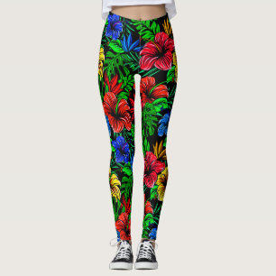 Tropical Red Yellow Blue Hibiscus Flower Leggings