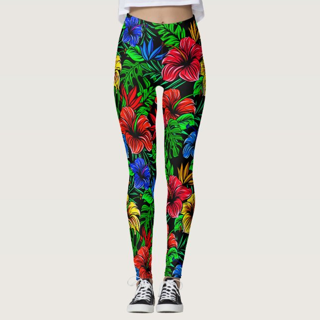 Tropical Red Yellow Blue Hibiscus Flower Leggings (Front)