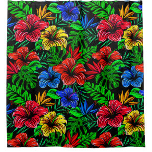 Tropical Red Yellow Blue Hibiscus Flower Shower Curtain