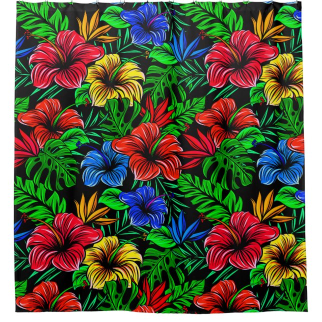 Tropical Red Yellow Blue Hibiscus Flower Shower Curtain (Front)