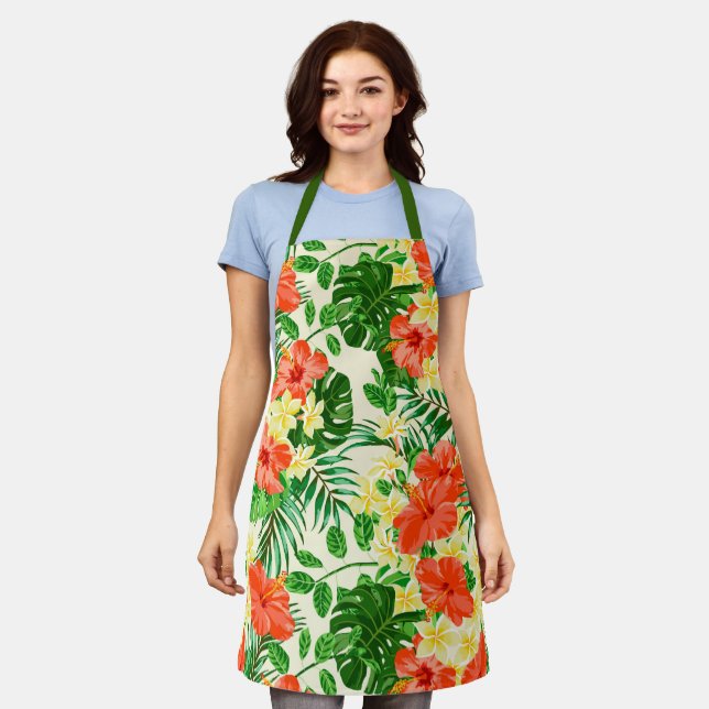 Tropical Red Yellow Flowers Lush Greenery Pattern Apron (Worn)