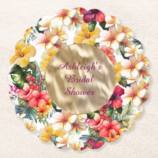 Tropical Red Yellow Hibiscus Flowers Bridal Shower Paper Coaster (Front)