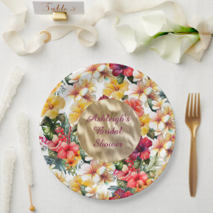 Tropical Red Yellow Hibiscus Flowers Bridal Shower Paper Plate