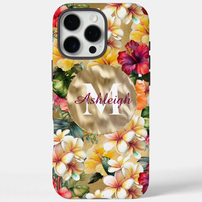 Tropical Red Yellow Hibiscus Flowers Monogram Case-Mate iPhone Case (Back)