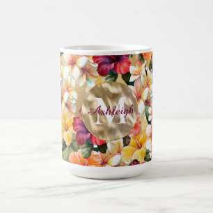 Tropical Red Yellow Hibiscus Flowers Monogram Coffee Mug