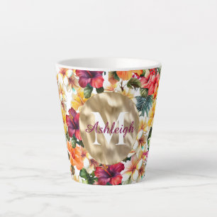 Tropical Red Yellow Hibiscus Flowers Monogram Latte Mug