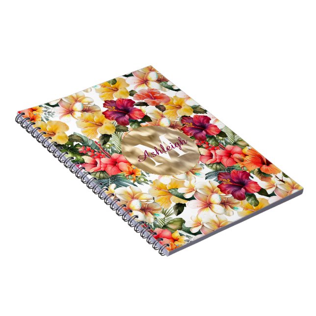 Tropical Red Yellow Hibiscus Flowers Monogram Notebook (Right Side)