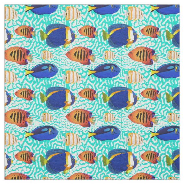 Tropical Reef Fish Pattern in Orange and Blue Fabric (Swatch)