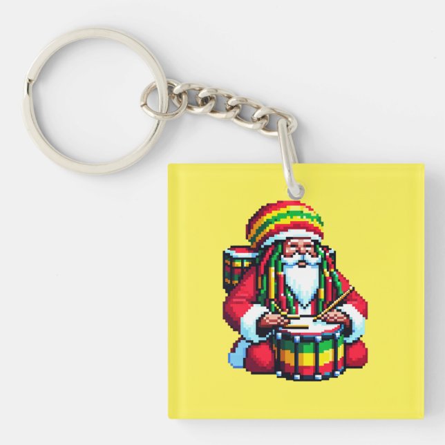 Tropical Reggae Santa - Christmas Drummer Art Key Ring (Front)