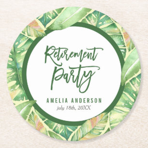 Tropical Retirement Party Green Watercolor Leaves Round Paper Coaster