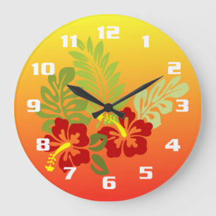 Tropical Retreat inspired Design Hibiscus & Sunset Large Clock