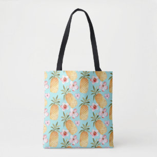 Tropical retro pineapple print on turquoise tote bag