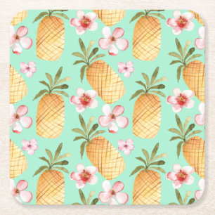 Tropical retro print on mint background square paper coaster