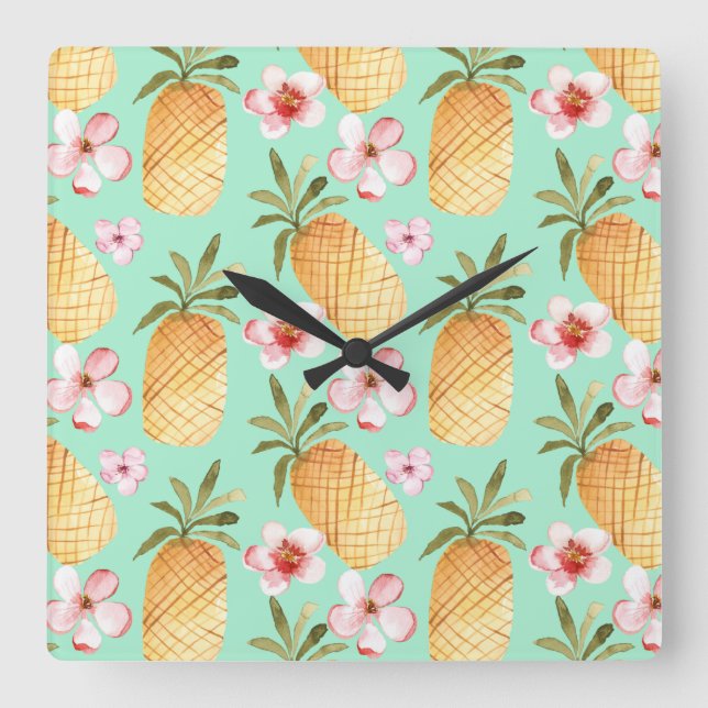 Tropical retro print on mint background square wall clock (Front)