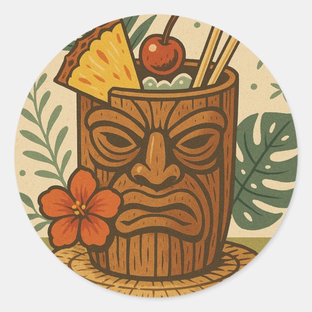 Tropical Retro Tiki Drink Hawaiian Luau Birthday  Classic Round Sticker (Front)