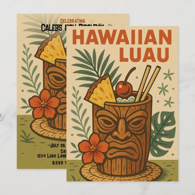 Tropical Retro Tiki Drink Hawaiian Luau Birthday  Invitation (Front/Back)
