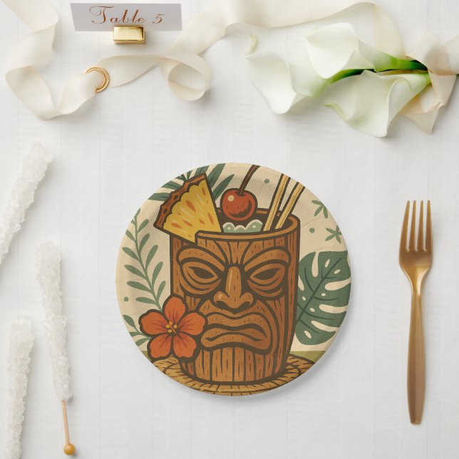 Tropical Retro Tiki Drink Hawaiian Luau Birthday  Paper Plate (Wedding)