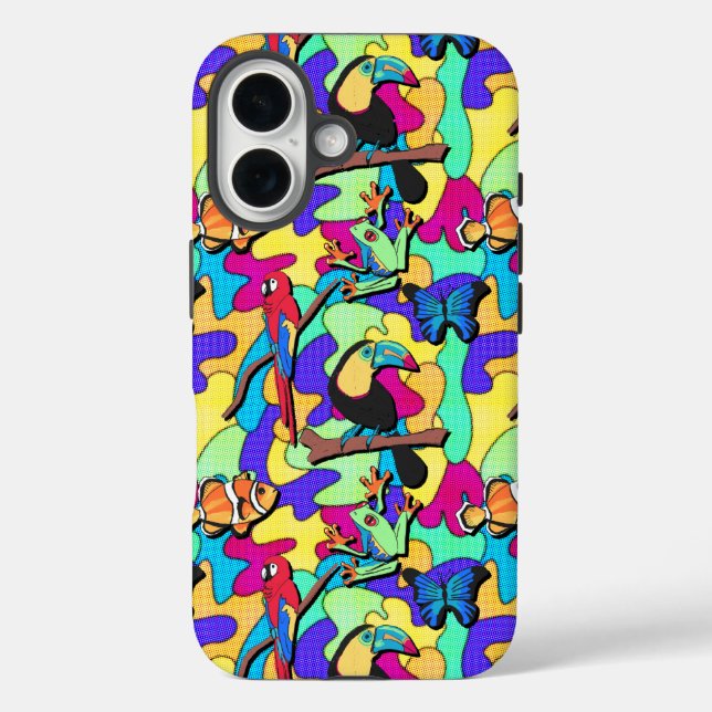 Tropical Retro Toucan Macaw Tree Frog Clownfish Case-Mate iPhone Case (Back)