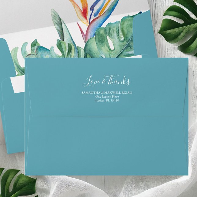 Tropical Return Address Envelopes Turquoise (Return address envelopes turquoise tropical watercolor botanical envelope liner Victoria Grigaliunas)