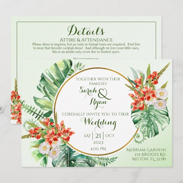 Tropical Ring Wedding Invitation w/ Details (Front/Back)
