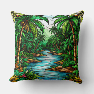Tropical River and Palm Trees in a Vibrant Jungle Cushion