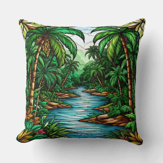 Tropical River and Palm Trees in a Vibrant Jungle Cushion (Front)