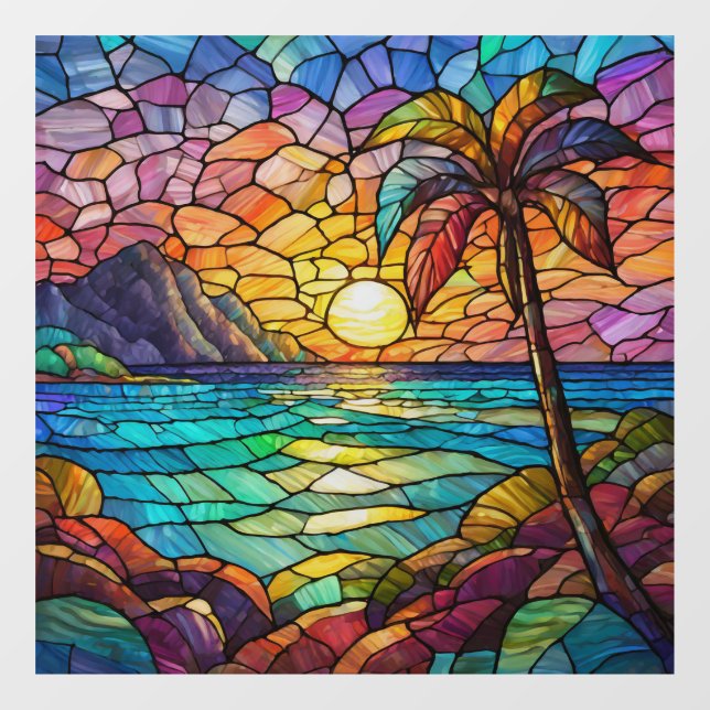 tropical rocky beach stained glass art window cling (Sheet)