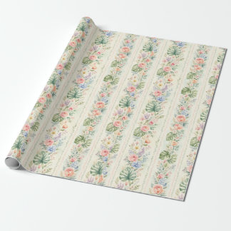 Tropical Rose Floral Stripe Watercolor Gift Wrapping Paper