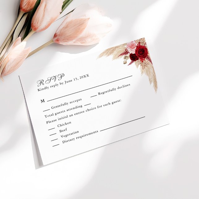 Tropical Rose Garden Wedding RSVP Card (Tropical Rose Garden Wedding RSVP Card on sunny white table with pale pink flowers.)