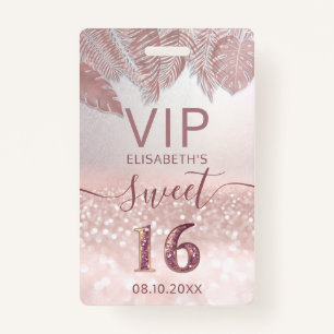 Tropical Rose gold glitter script Sweet 16 VIP ID Badge