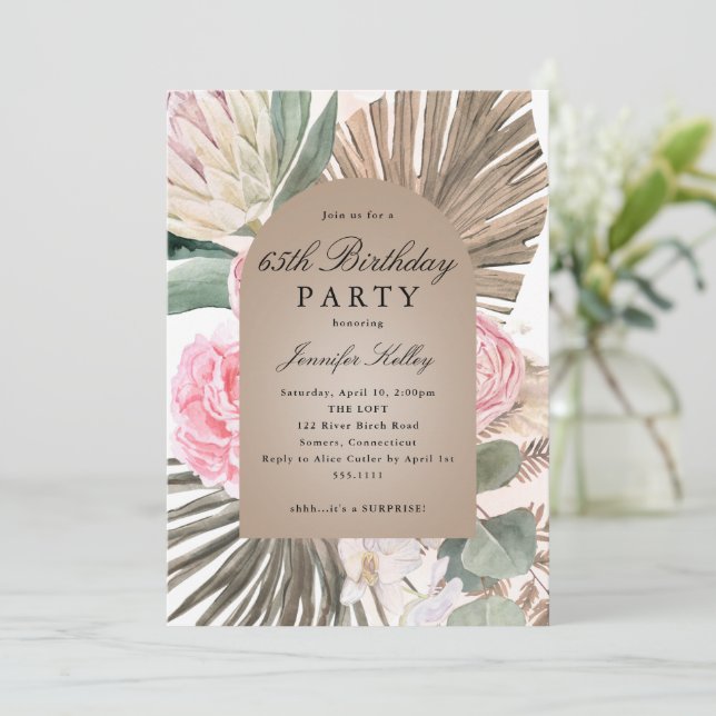 Tropical Roses, Framed Arch Boho Birthday Party Invitation (Standing Front)