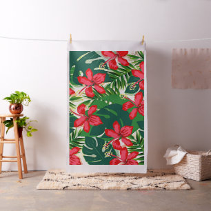 Tropical Ruby Red Hibiscus Flowers Fabric