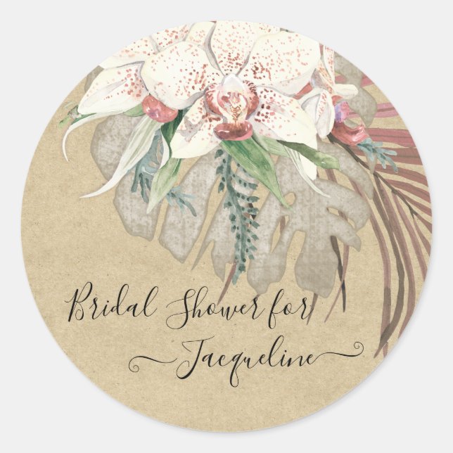 Tropical Rustic Kraft Orchid Sage Floral Foliage Classic Round Sticker (Front)