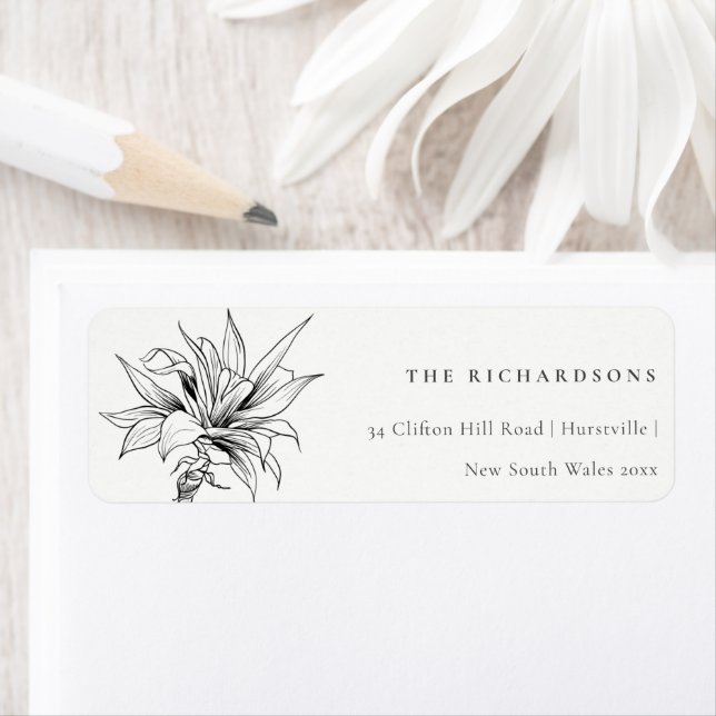 Tropical Rustic Palms Black White Sketch Address  (Insitu)