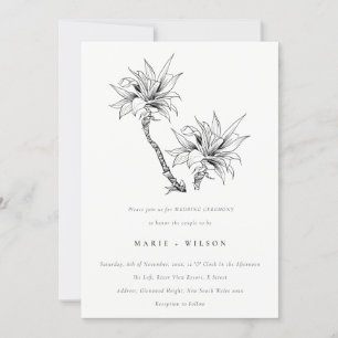 Tropical Rustic Palms Black White Sketch Wedding Invitation