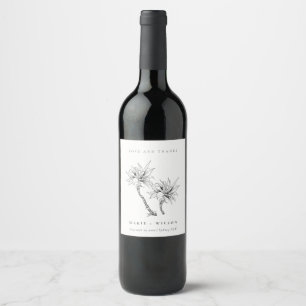 Tropical Rustic Palms Black White Sketch Wedding Wine Label