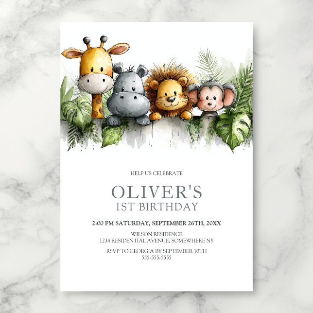 Tropical Safari Animals 1st Birthday Party Invitation (Creator Uploaded)