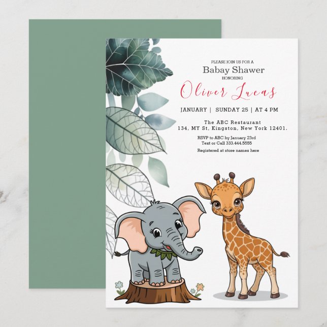 Tropical Safari Animals Baby Shower Invitation (Front/Back)
